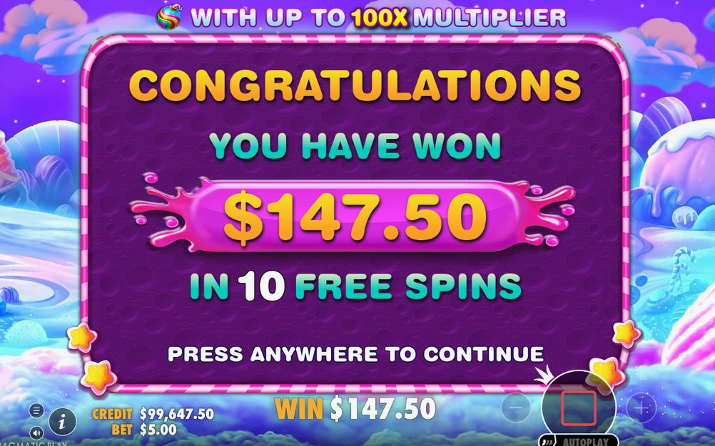 Win screen with the total of a tumble sequence